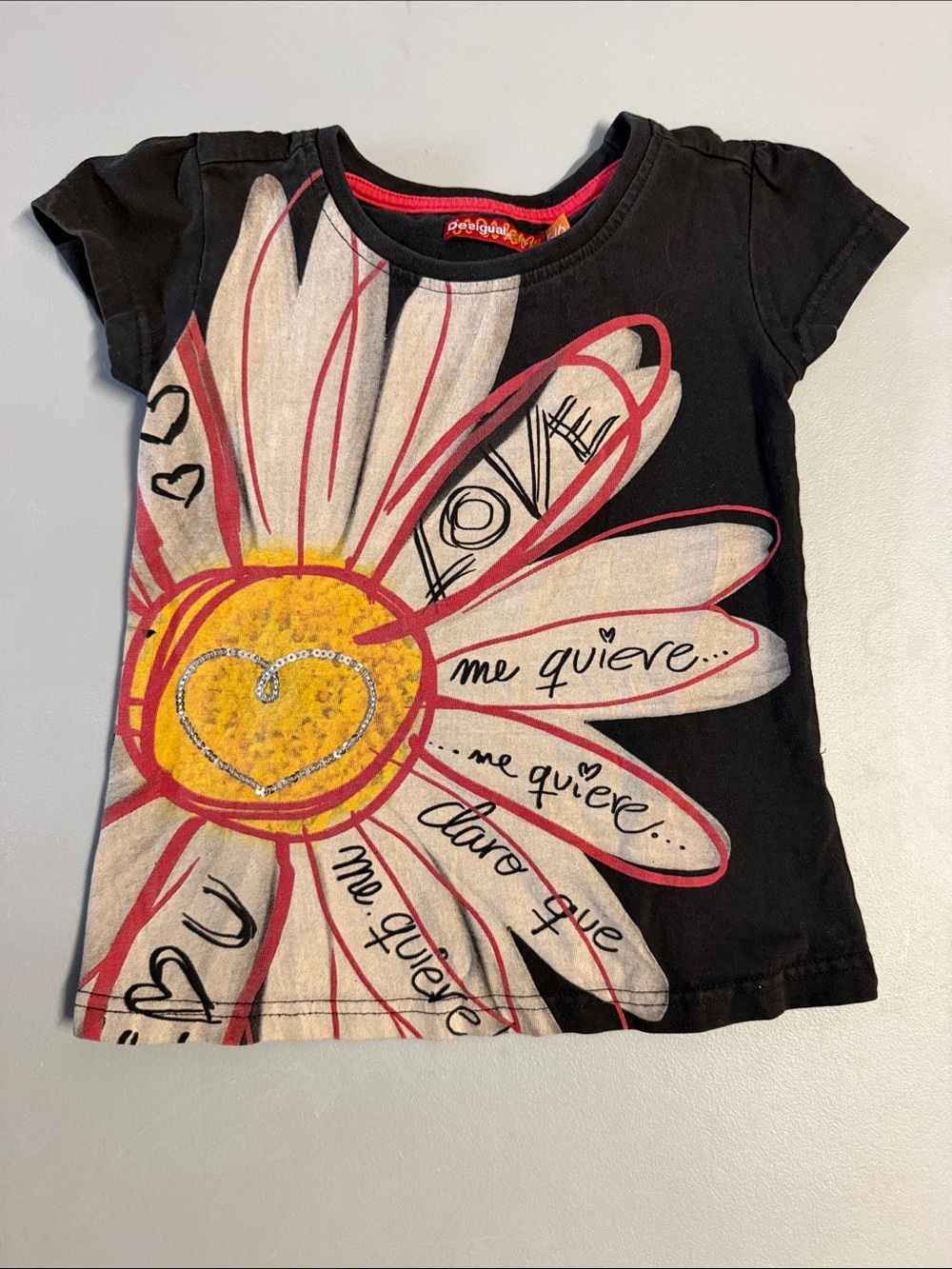 Desigual Black Tee with Large Daisy Graphic and Pink Accents